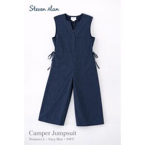 Steven Alan Camper Jumpsuit Womens L Navy Blue NWT Cropped Wide Leg Tie Waist
